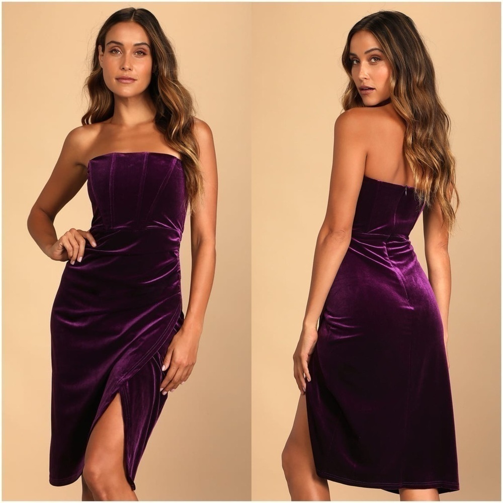 LULU’S Glamorous Celebrations Dark Purple Velvet Strapless Tulip Dress